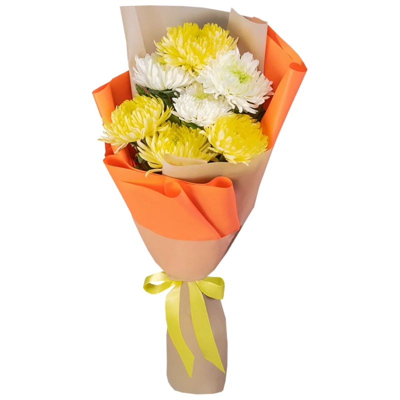 Букет из 7 желтых и белых одноголовых хризантем